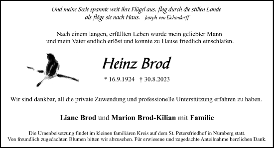Traueranzeige von Heinz Brod von Gesamtausgabe Nürnberger Nachrichten/ Nürnberger Ztg.