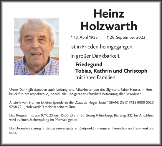 Traueranzeige von Heinz Holzwarth von Gesamtausgabe Nürnberger Nachrichten/ Nürnberger Ztg.