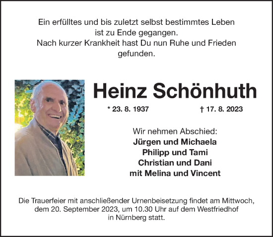 Traueranzeige von Heinz Schönhuth von Gesamtausgabe Nürnberger Nachrichten/ Nürnberger Ztg.