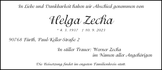 Traueranzeige von Helga Zecha von Gesamtausgabe Nürnberger Nachrichten/ Nürnberger Ztg./ Fürther Nachrichten
