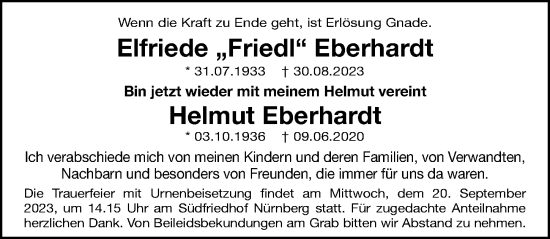 Traueranzeige von Helmut Eberhardt von Gesamtausgabe Nürnberger Nachrichten/ Nürnberger Ztg.