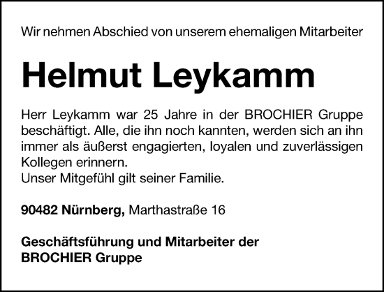 Traueranzeige von Helmut Leykamm von Gesamtausgabe Nürnberger Nachrichten/ Nürnberger Ztg.