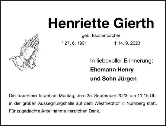Traueranzeige von Henriette Gierth von Gesamtausgabe Nürnberger Nachrichten/ Nürnberger Ztg.