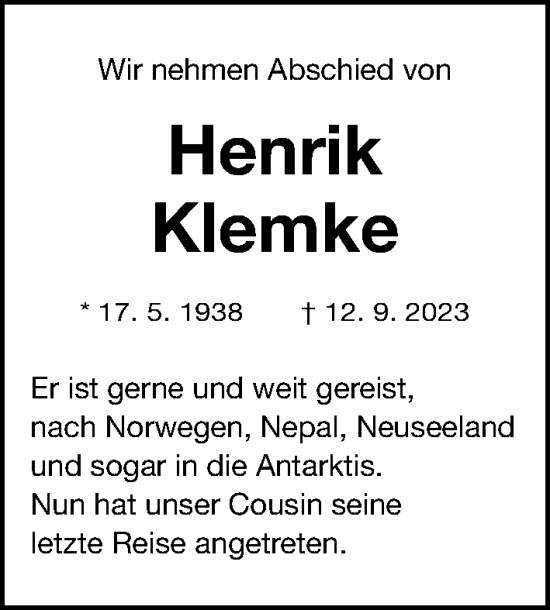 Traueranzeige von Henrik Klemke von Gesamtausgabe Nürnberger Nachrichten/ Nürnberger Ztg.