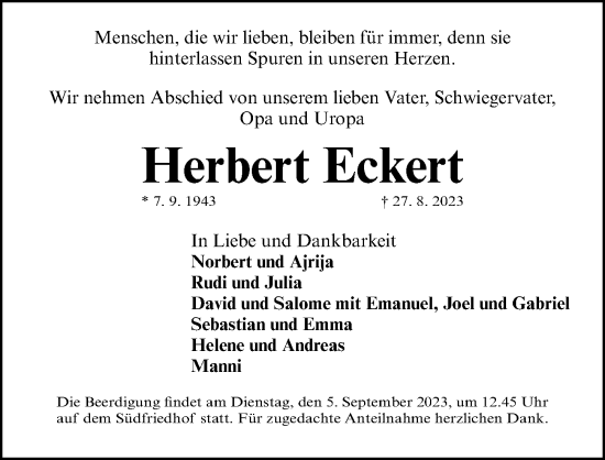 Traueranzeige von Herbert Eckert von Gesamtausgabe Nürnberger Nachrichten/ Nürnberger Ztg.