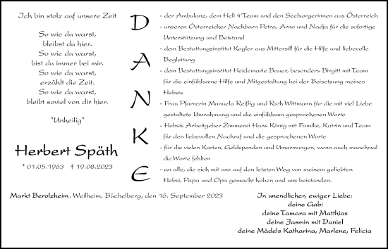 Traueranzeige von Herbert Späth von Altmühl-Bote Lokal