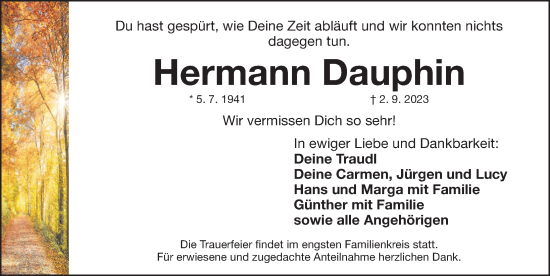 Traueranzeige von Hermann Dauphin von Gesamtausgabe Nürnberger Nachrichten/ Nürnberger Ztg.