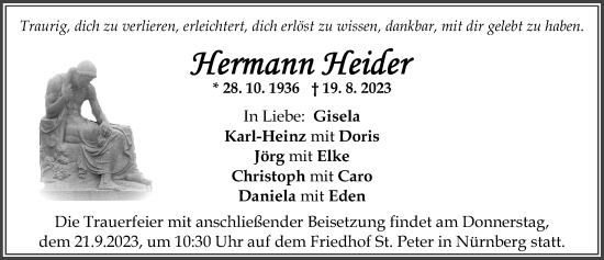 Traueranzeige von Hermann Heider von Gesamtausgabe Nürnberger Nachrichten/ Nürnberger Ztg.
