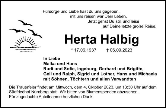 Traueranzeige von Herta Halbig von Gesamtausgabe Nürnberger Nachrichten/ Nürnberger Ztg.