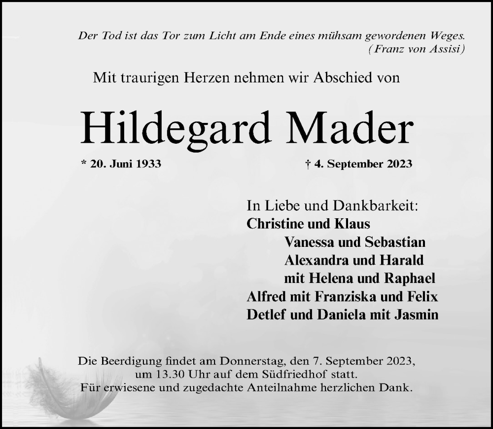  Traueranzeige für Hildegard Mader vom 06.09.2023 aus Gesamtausgabe Nürnberger Nachrichten/ Nürnberger Ztg.