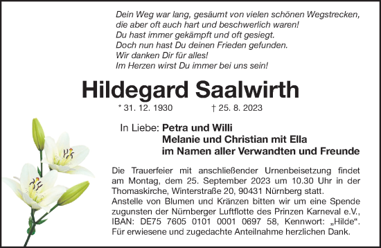 Traueranzeige von Hildegard Saalwirth von Gesamtausgabe Nürnberger Nachrichten/ Nürnberger Ztg.