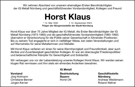 Traueranzeige von Horst Klaus von Gesamtausgabe Nürnberger Nachrichten/ Nürnberger Ztg.