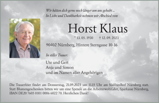 Traueranzeige von Horst Klaus von Gesamtausgabe Nürnberger Nachrichten/ Nürnberger Ztg.