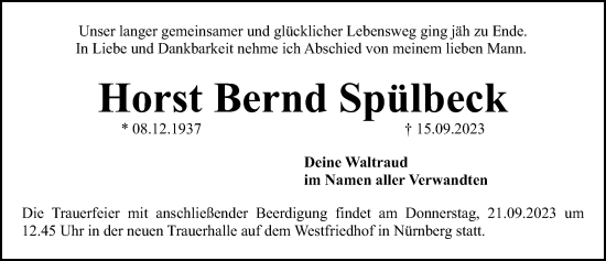 Traueranzeige von Horst Bernd Spülbeck von Gesamtausgabe Nürnberger Nachrichten/ Nürnberger Ztg.
