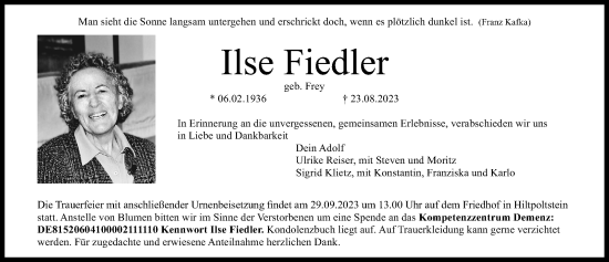 Traueranzeige von Ilse Fiedler von Gesamtausgabe Nürnberger Nachrichten/ Nürnberger Ztg./ Nordbayer. Nachrichten Forchheim