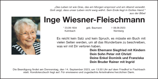 Traueranzeige von Inge Wiesner-Fleischmann von Gesamtausgabe Nürnberger Nachrichten/ Nürnberger Ztg.