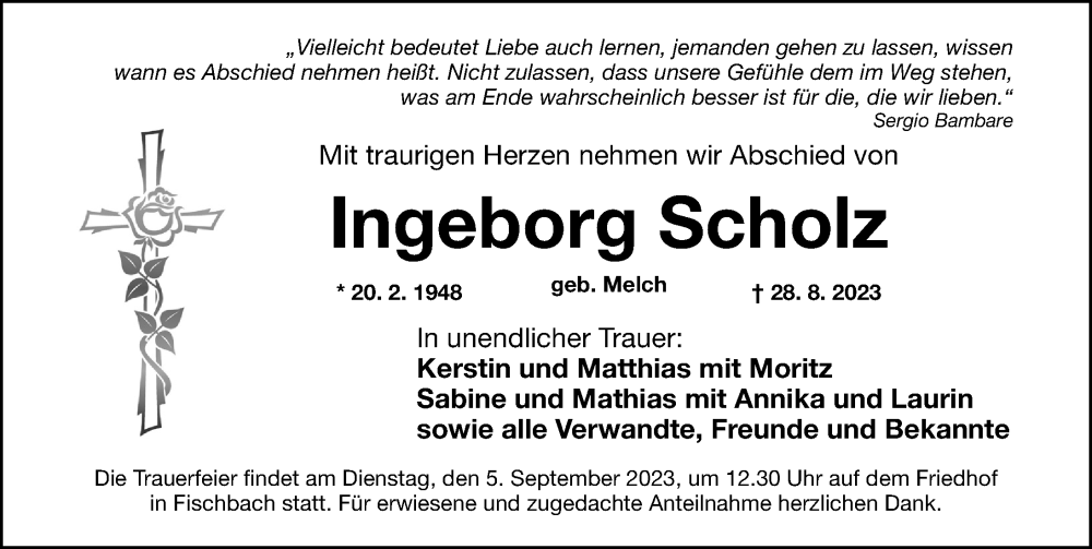  Traueranzeige für Ingeborg Scholz vom 02.09.2023 aus Gesamtausgabe Nürnberger Nachrichten/ Nürnberger Ztg.