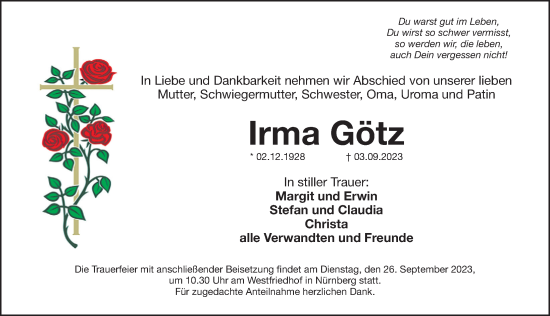 Traueranzeige von Irma Götz von Gesamtausgabe Nürnberger Nachrichten/ Nürnberger Ztg.