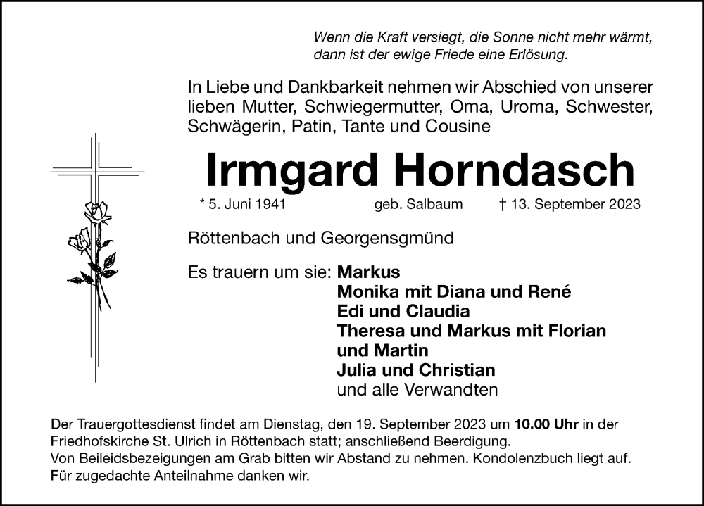  Traueranzeige für Irmgard Horndasch vom 16.09.2023 aus Roth-Hilpoltsteiner Volkszeitung Lokal