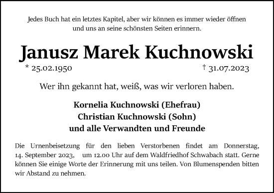 Traueranzeige von Janusz Marek Kuchnowski von Gesamtausgabe Nürnberger Nachrichten/ Nürnberger Ztg.