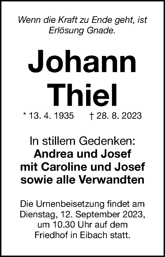 Traueranzeige von Johann Thiel von Gesamtausgabe Nürnberger Nachrichten/ Nürnberger Ztg.