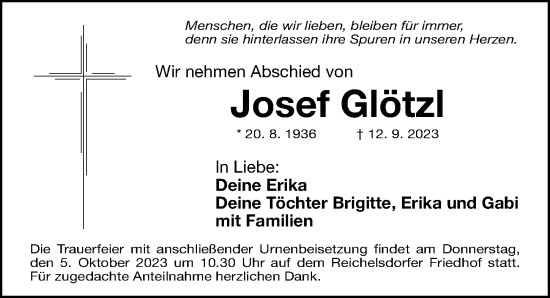 Traueranzeige von Josef Glötzl von Gesamtausgabe Nürnberger Nachrichten/ Nürnberger Ztg.
