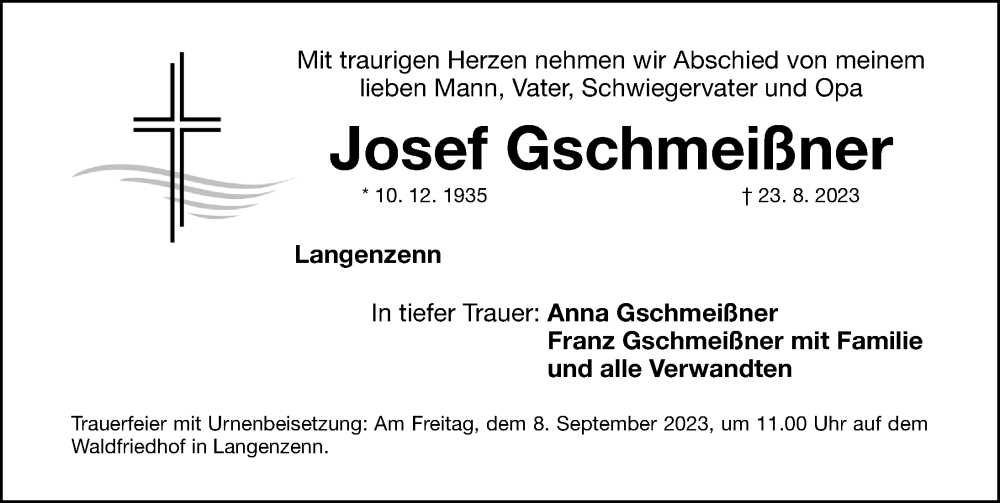  Traueranzeige für Josef Gschmeißner vom 02.09.2023 aus Fürther Nachrichten Lokal