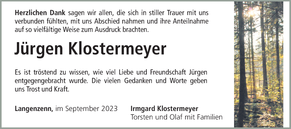  Traueranzeige für Jürgen Klostermeyer vom 23.09.2023 aus Fürther Nachrichten Lokal