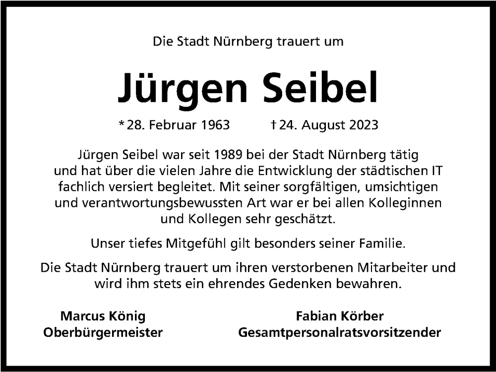  Traueranzeige für Jürgen Seibel vom 02.09.2023 aus Gesamtausgabe Nürnberger Nachrichten/ Nürnberger Ztg.