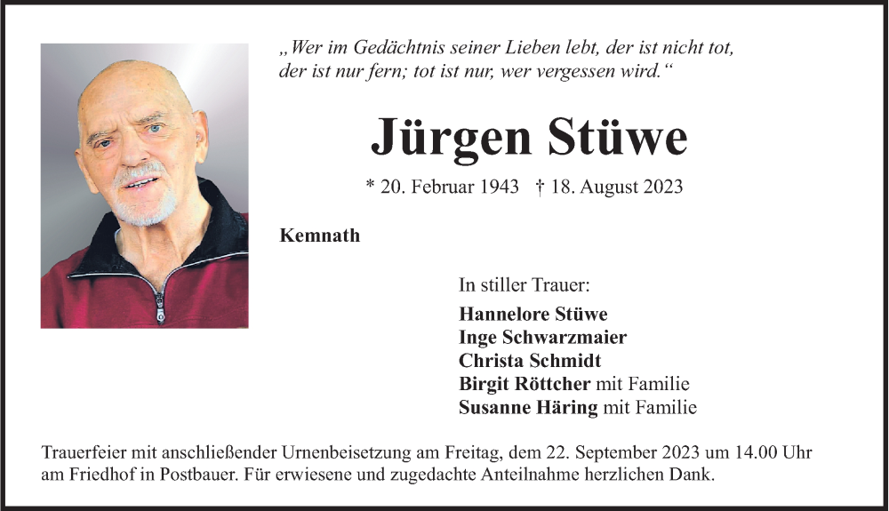  Traueranzeige für Jürgen Stüwe vom 02.09.2023 aus Neumarkter Nachrichten Lokal