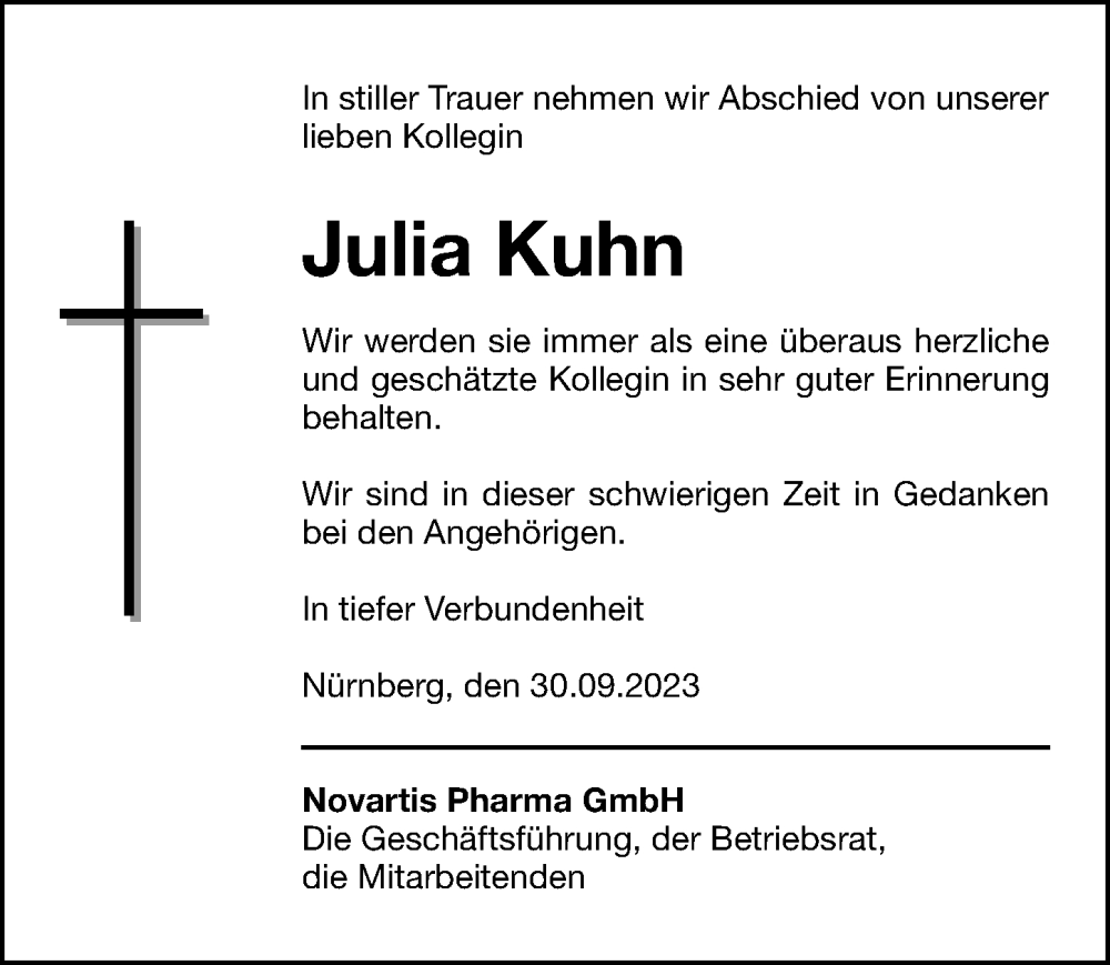  Traueranzeige für Julia Kuhn vom 30.09.2023 aus Gesamtausgabe Nürnberger Nachrichten/ Nürnberger Ztg.