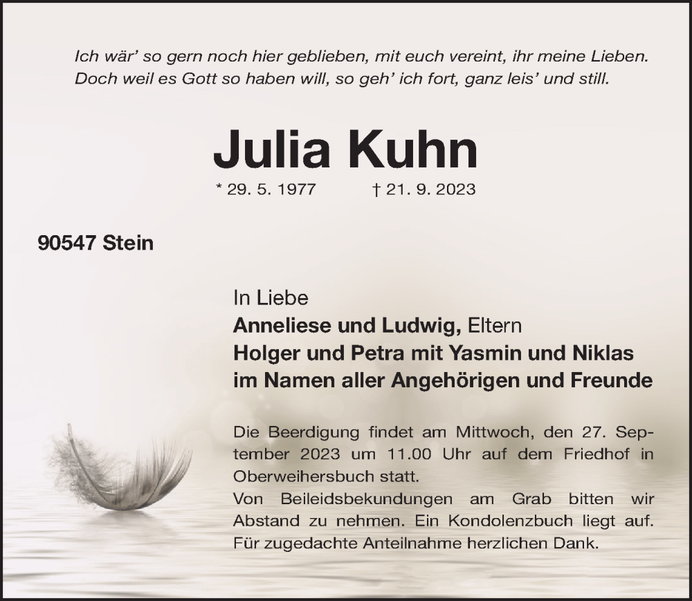  Traueranzeige für Julia Kuhn vom 23.09.2023 aus Gesamtausgabe Nürnberger Nachrichten/ Nürnberger Ztg.