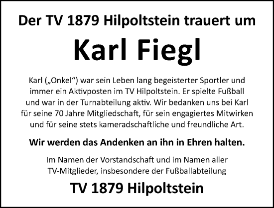 Traueranzeige von Karl Fiegl von Roth-Hilpoltsteiner Volkszeitung Lokal
