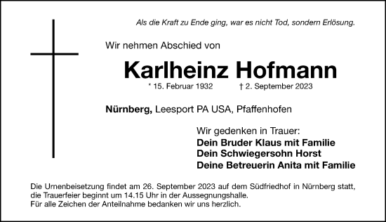 Traueranzeige von Karlheinz Hofmann von Gesamtausgabe Nürnberger Nachrichten/ Nürnberger Ztg.