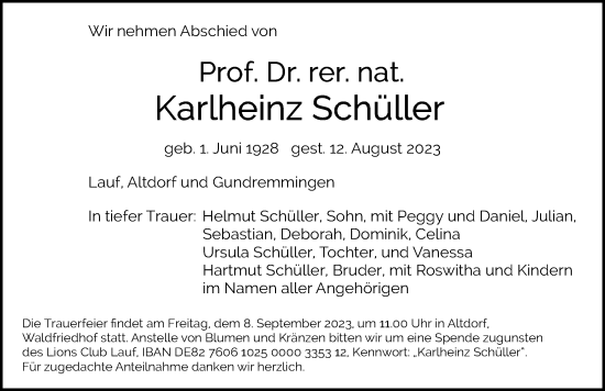 Traueranzeige von Karlheinz Schüller von Gesamtausgabe Nürnberger Nachrichten/ Nürnberger Ztg.