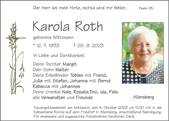 Traueranzeige von Karola Roth von Roth-Hilpoltsteiner Volkszeitung Lokal