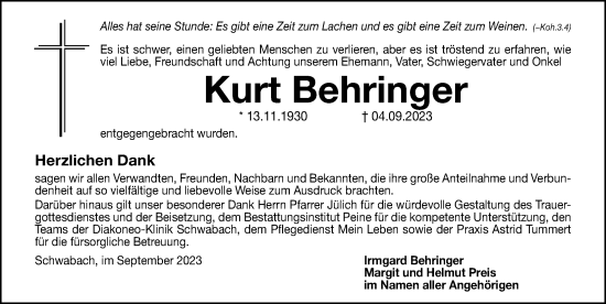 Traueranzeige von Kurt Behringer von Schwabacher Tagblatt Lokal