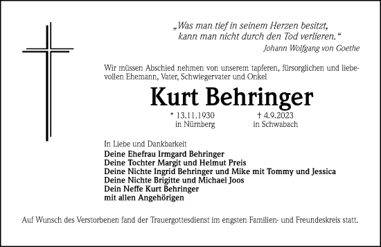 Traueranzeige von Kurt Behringer von Schwabacher Tagblatt Lokal