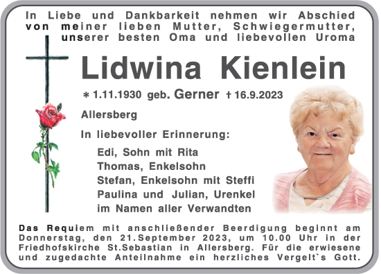 Traueranzeige von Lidwina Kienlein von Roth-Hilpoltsteiner Volkszeitung Lokal