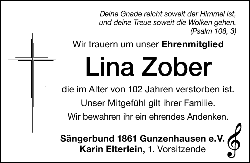  Traueranzeige für Lina Zober vom 30.09.2023 aus Altmühl-Bote Lokal