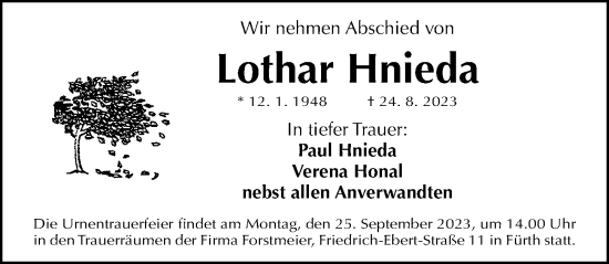 Traueranzeige von Lothar Hnieda von Gesamtausgabe Nürnberger Nachrichten/ Nürnberger Ztg./ Fürther Nachrichten