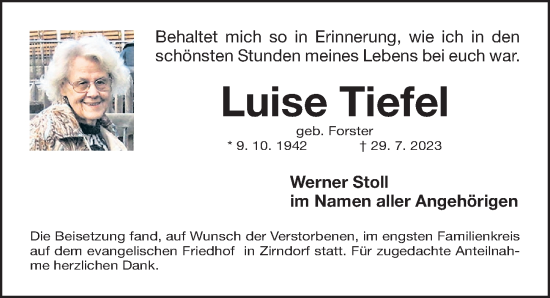 Traueranzeige von Luise Tiefel von Fürther Nachrichten Lokal