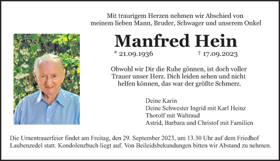 Traueranzeige von Manfred Hein von Altmühl-Bote Lokal