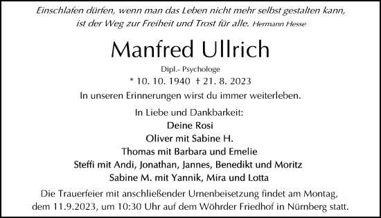 Traueranzeige von Manfred Ullrich von Gesamtausgabe Nürnberger Nachrichten/ Nürnberger Ztg.