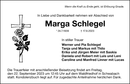 Traueranzeige von Marga Schlegel von Schwabacher Tagblatt Lokal
