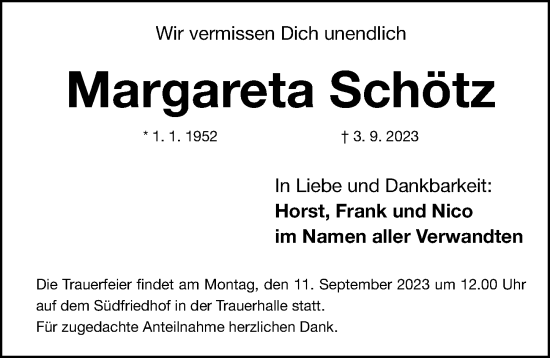 Traueranzeige von Margareta Schötz von Gesamtausgabe Nürnberger Nachrichten/ Nürnberger Ztg.