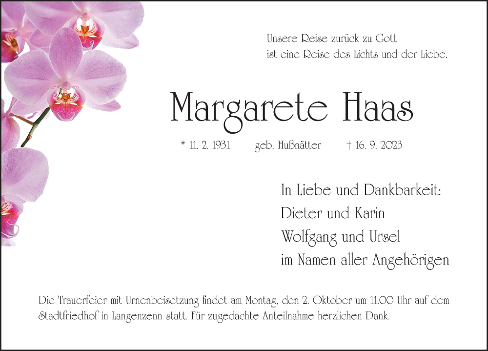  Traueranzeige für Margarete Haas vom 30.09.2023 aus Fürther Nachrichten Lokal