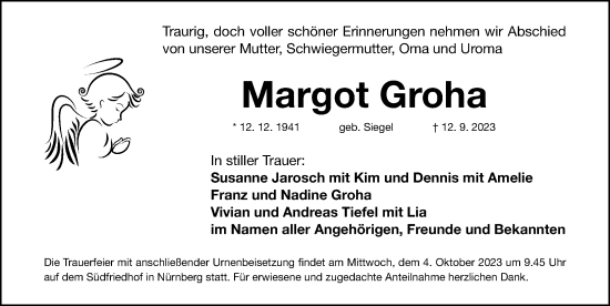 Traueranzeige von Margot Groha von Gesamtausgabe Nürnberger Nachrichten/ Nürnberger Ztg.