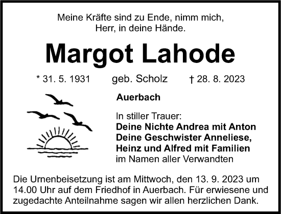 Traueranzeige von Margot Lahode von Nordbayerische Nachrichten Pegnitz Lokal