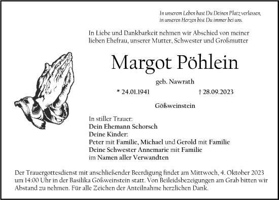 Traueranzeige von Margot Pöhlein von Nordbayerische Nachrichten Forchheim Lokal